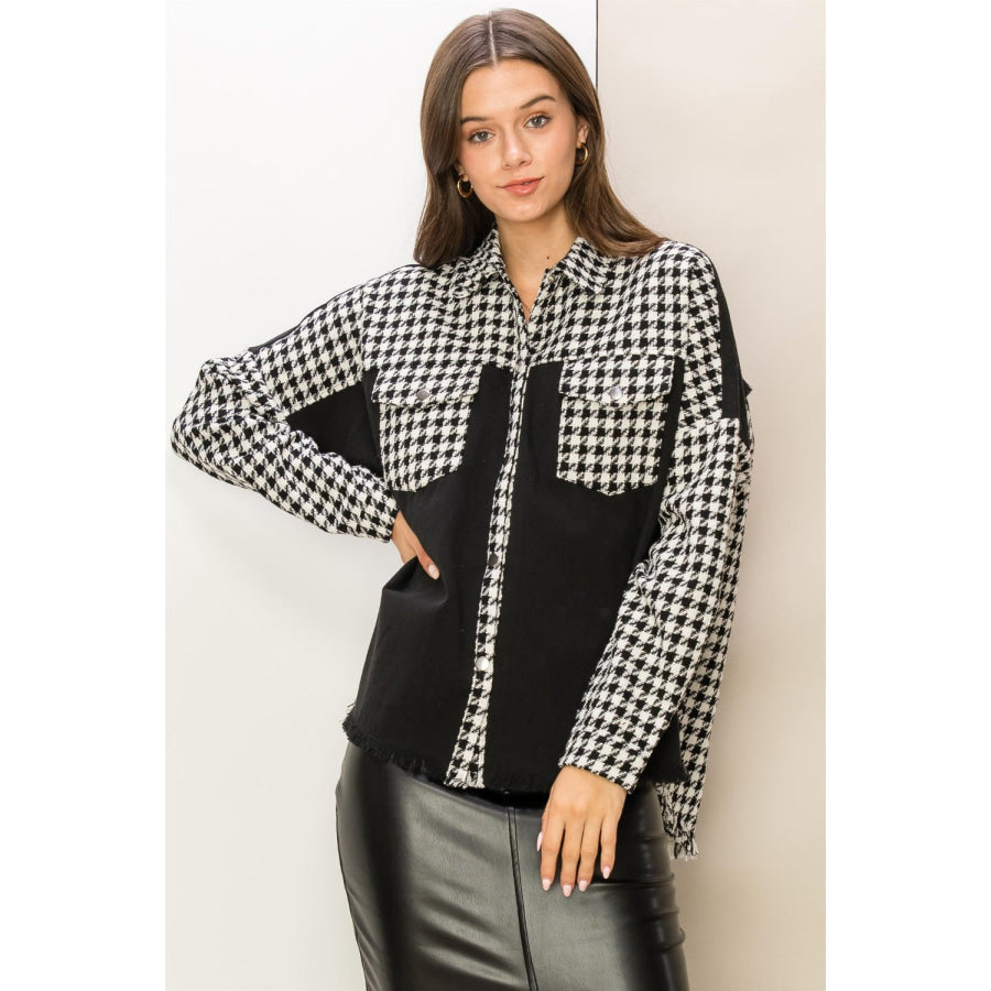 HYFVE Houndstooth Contrast Raw Hem Jacket Black / S Apparel and Accessories