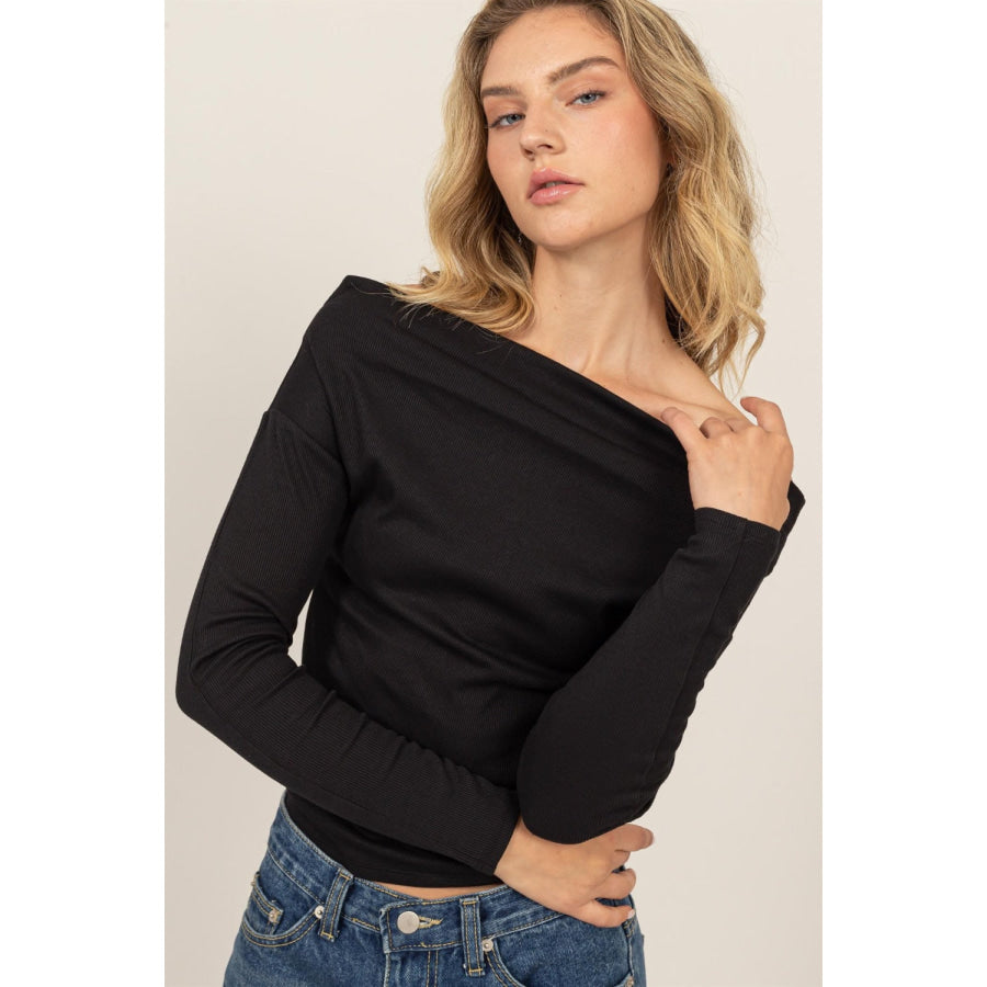 HYFVE Off Shoulder Ribbed Knit Top Black / S Apparel and Accessories