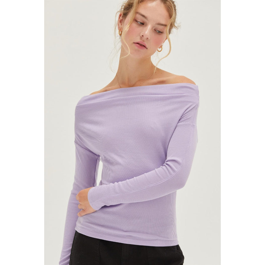 HYFVE Off Shoulder Ribbed Knit Top Taro / S Apparel and Accessories