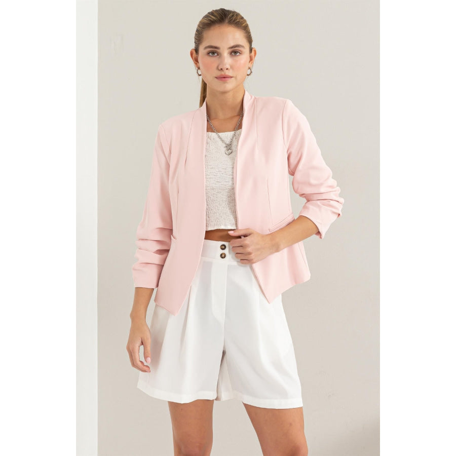 HYFVE Open Front Ruched Sleeve Blazer Blush / S Apparel and Accessories