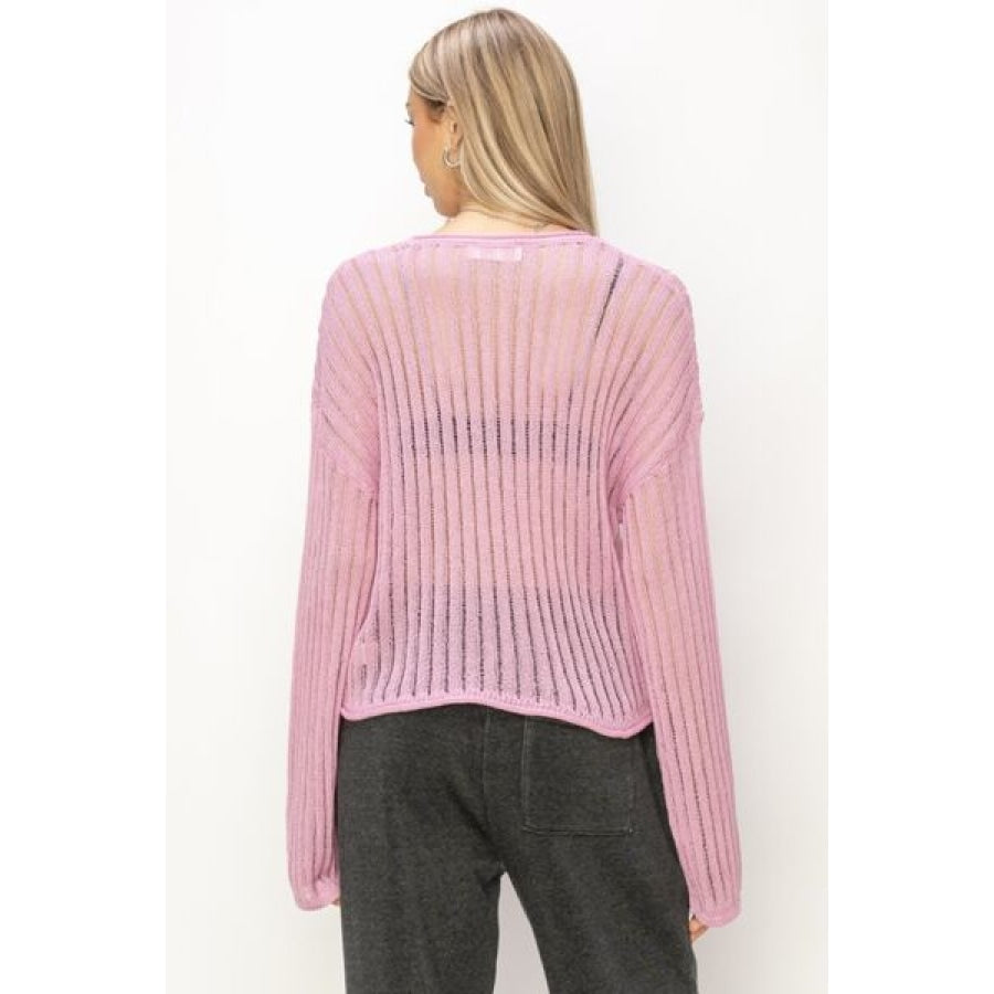 HYFVE Openwork Ribbed Long Sleeve Knit Top PINK / S Apparel and Accessories