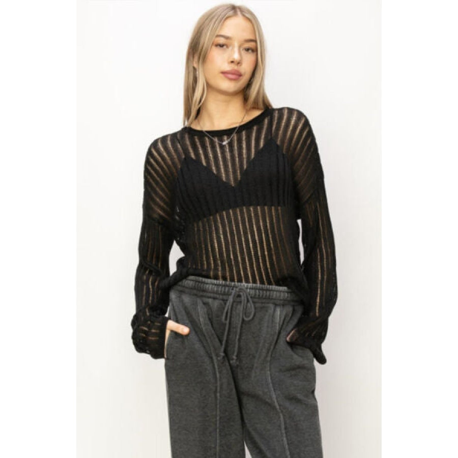 HYFVE Openwork Ribbed Long Sleeve Knit Top Black / S Apparel and Accessories