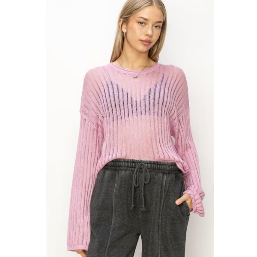 HYFVE Openwork Ribbed Long Sleeve Knit Top PINK / S Apparel and Accessories