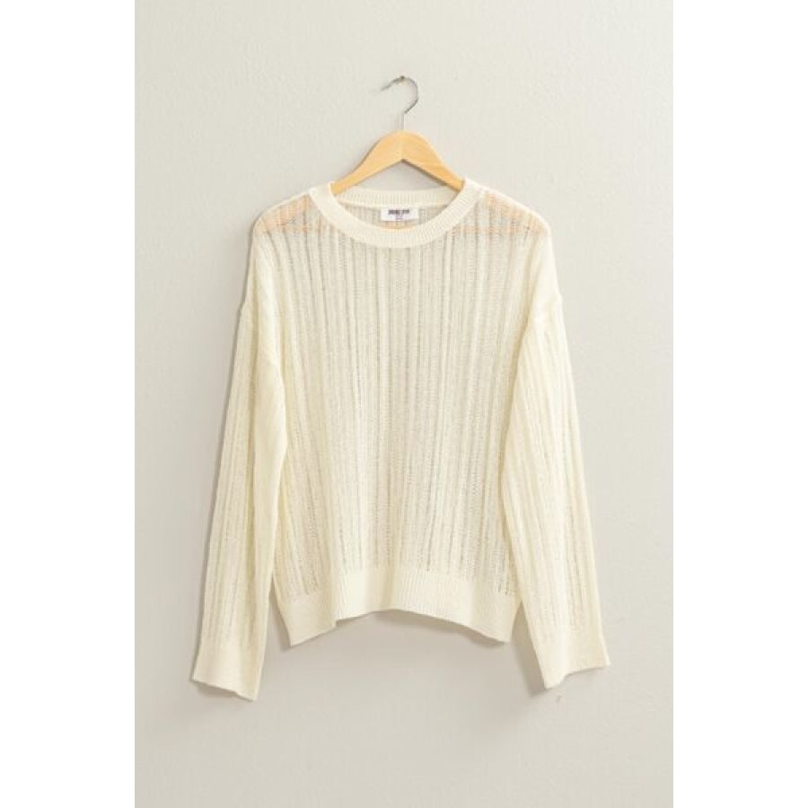 HYFVE Openwork Ribbed Trim Long Sleeve Knit Top WHIP CREAM / S Shirts &amp; Tops