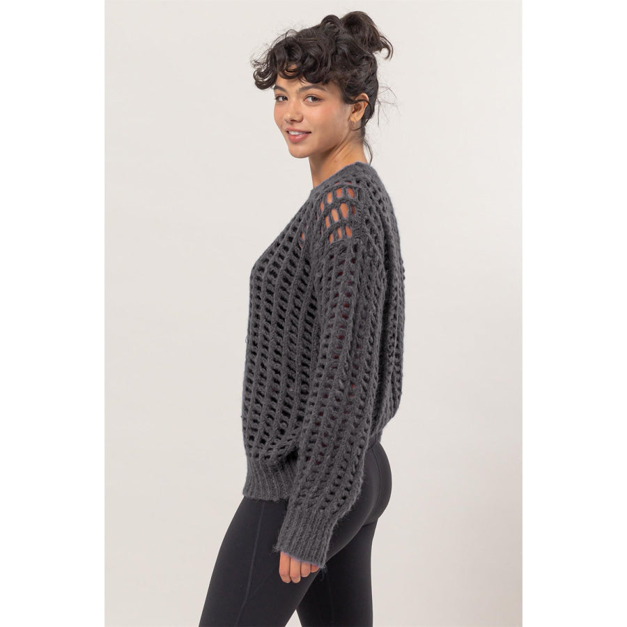 HYFVE Openwork Round Neck Long Sleeve Knit Cover Up Apparel and Accessories