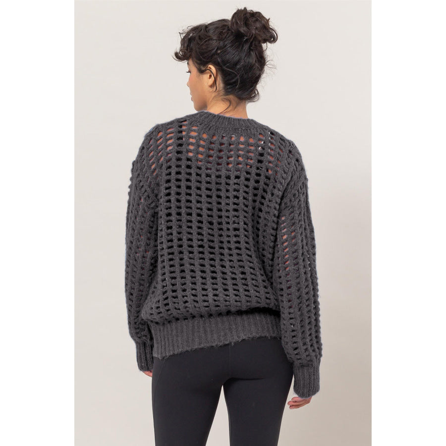 HYFVE Openwork Round Neck Long Sleeve Knit Cover Up Charcoal / S Apparel and Accessories