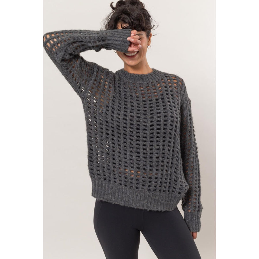 HYFVE Openwork Round Neck Long Sleeve Knit Cover Up Charcoal / S Apparel and Accessories