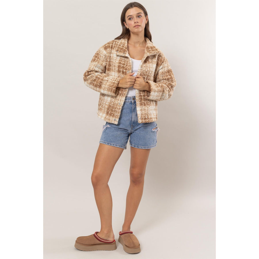 HYFVE Plaid Collared Neck Boucle Jacket with Pockets Apparel and Accessories