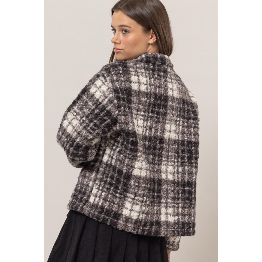 HYFVE Plaid Collared Neck Boucle Jacket with Pockets Apparel and Accessories