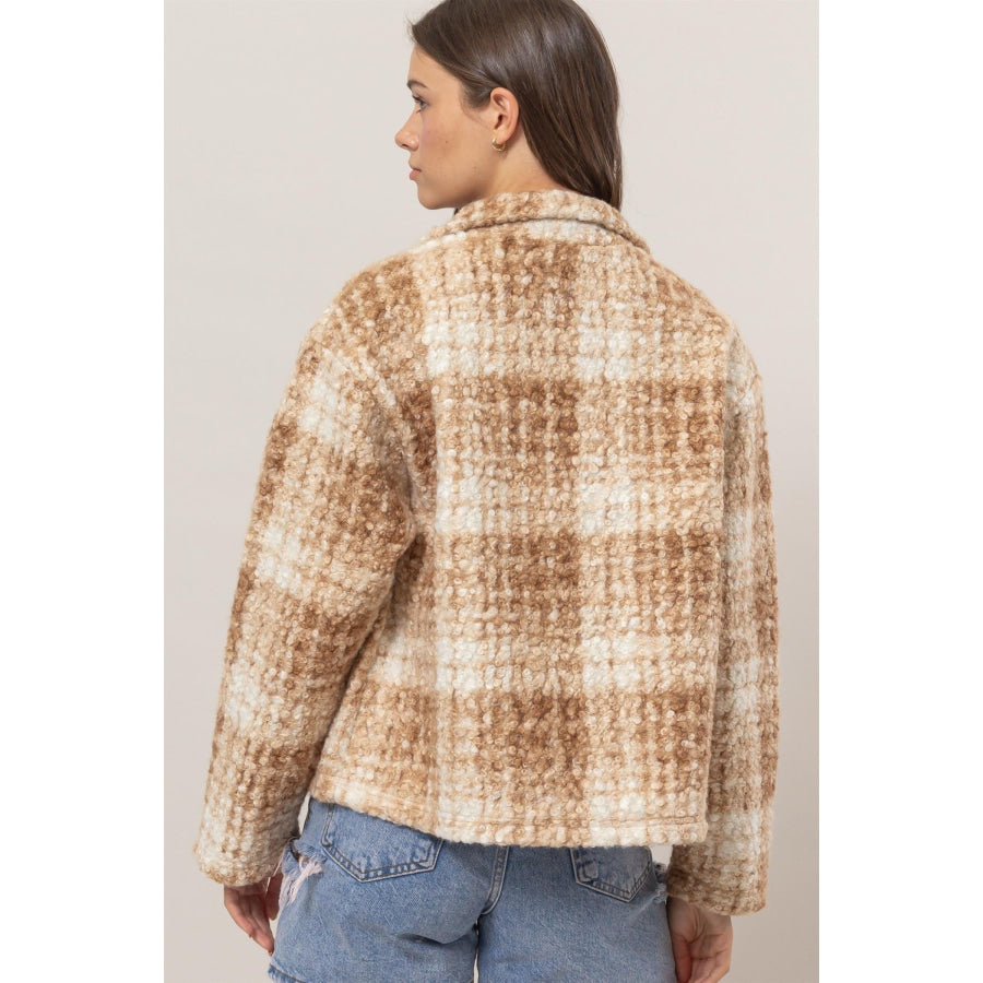 HYFVE Plaid Collared Neck Boucle Jacket with Pockets Apparel and Accessories