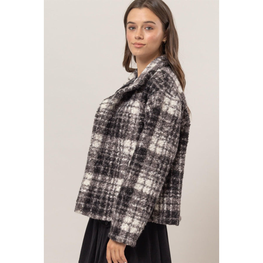 HYFVE Plaid Collared Neck Boucle Jacket with Pockets Apparel and Accessories