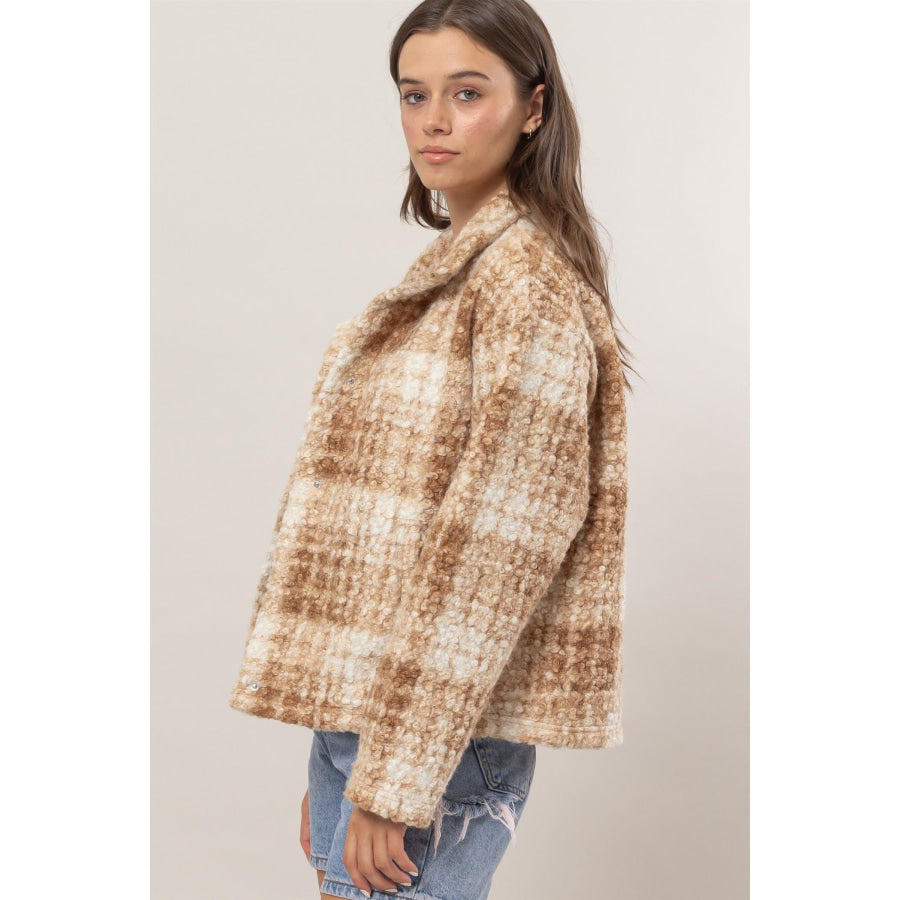 HYFVE Plaid Collared Neck Boucle Jacket with Pockets Apparel and Accessories