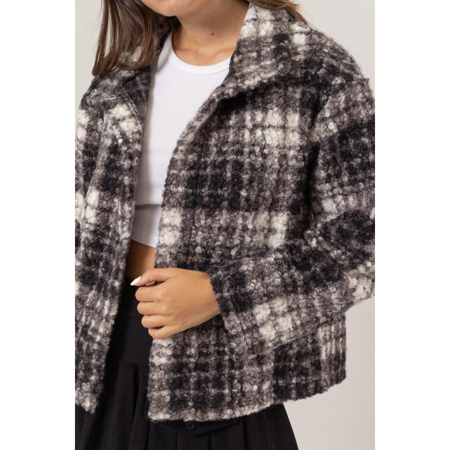 HYFVE Plaid Collared Neck Boucle Jacket with Pockets Apparel and Accessories