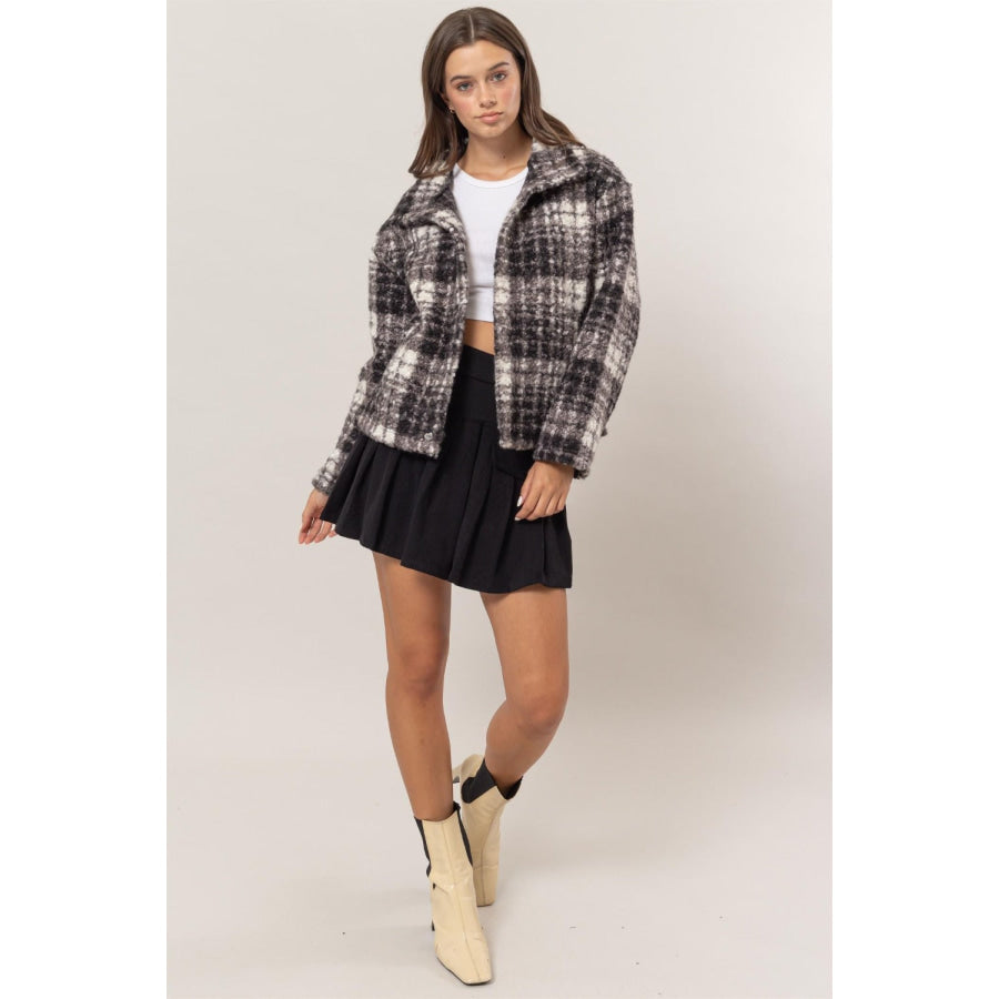 HYFVE Plaid Collared Neck Boucle Jacket with Pockets Apparel and Accessories