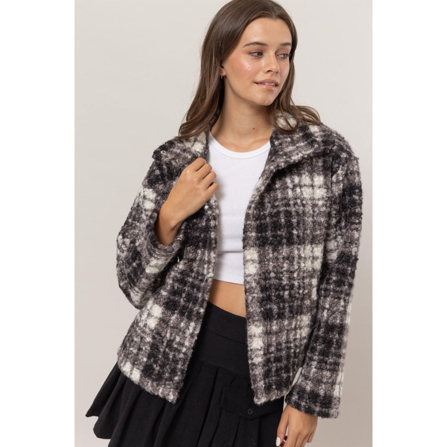 HYFVE Plaid Collared Neck Boucle Jacket with Pockets Black / S Apparel and Accessories