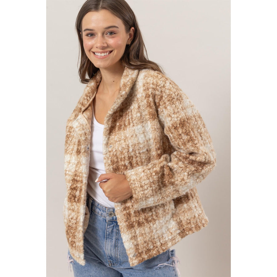 HYFVE Plaid Collared Neck Boucle Jacket with Pockets Taupe / S Apparel and Accessories