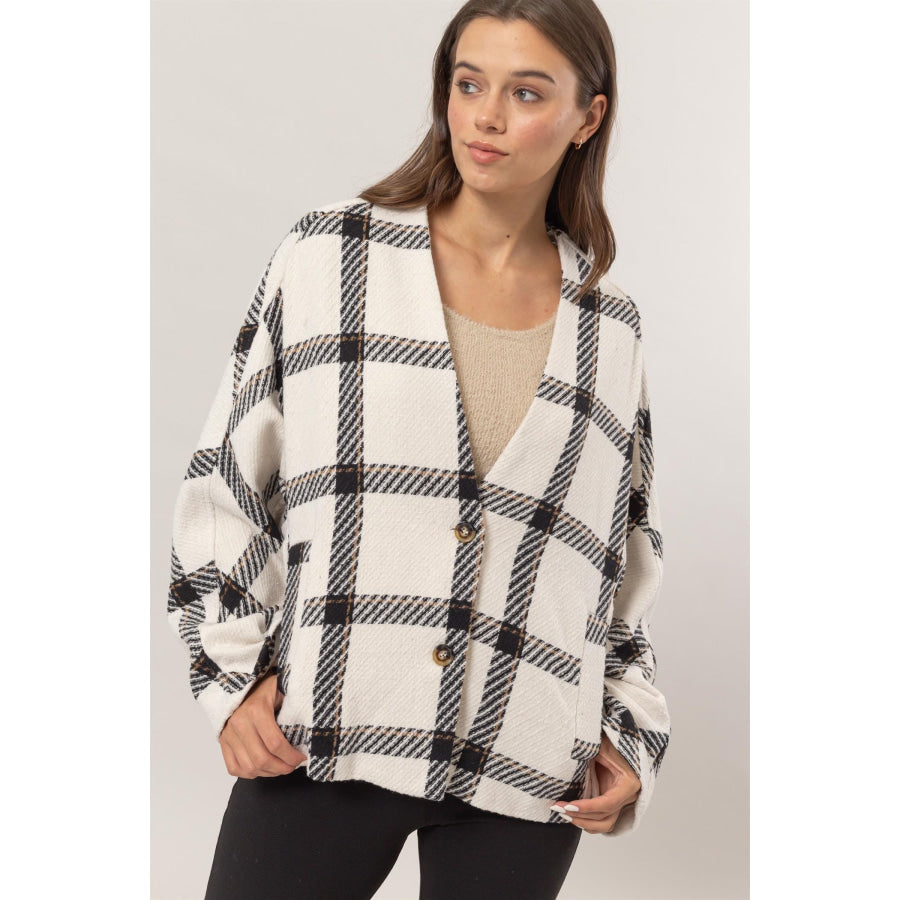 HYFVE Plaid Long Sleeve Jacket with Side Slit Pockets Cream / S Apparel and Accessories