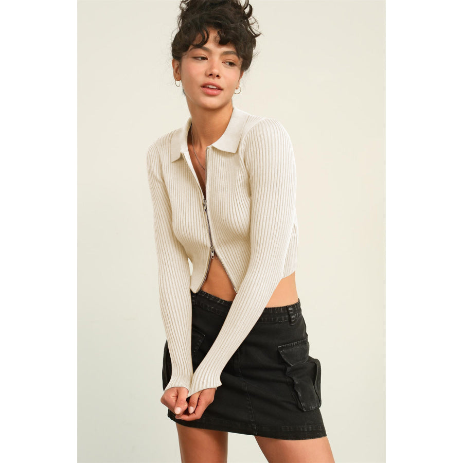 HYFVE Ribbed Double Zip Cropped Cardigan Cream / S Apparel and Accessories