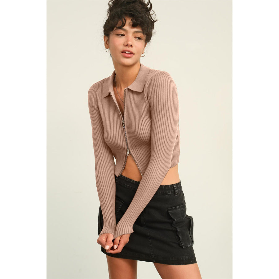 HYFVE Ribbed Double Zip Cropped Cardigan Taupe / S Apparel and Accessories