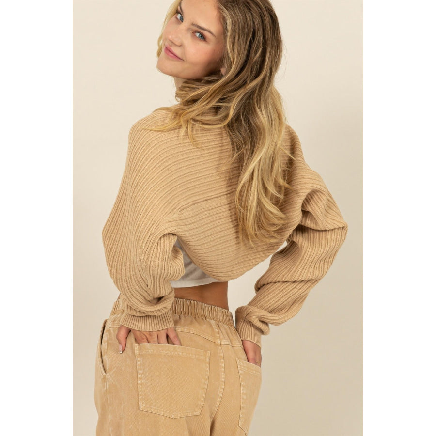 HYFVE Ribbed Knit Bolero Cardigan Taupe / S Apparel and Accessories