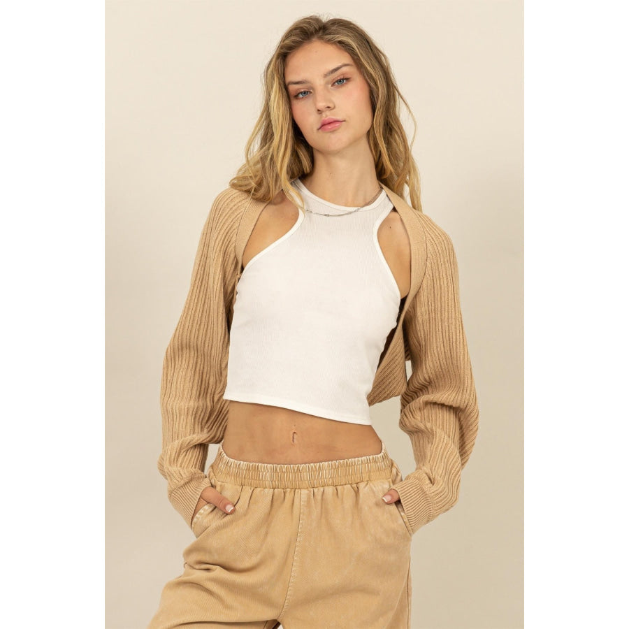 HYFVE Ribbed Knit Bolero Cardigan Taupe / S Apparel and Accessories