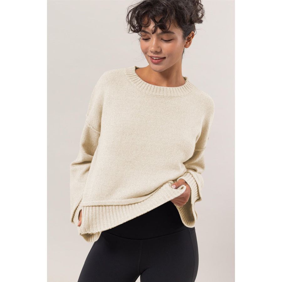 HYFVE Round Neck Dropped Shoulder Ribbed Sweater Cream / S Apparel and Accessories