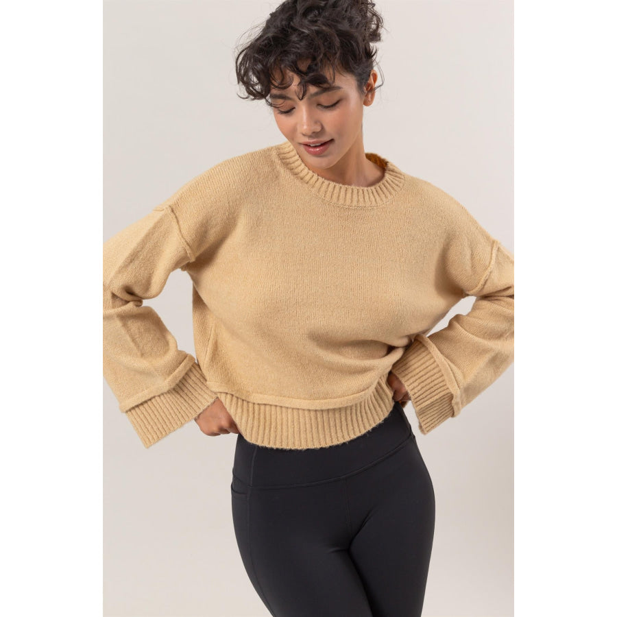 HYFVE Round Neck Dropped Shoulder Ribbed Sweater Taupe / S Apparel and Accessories