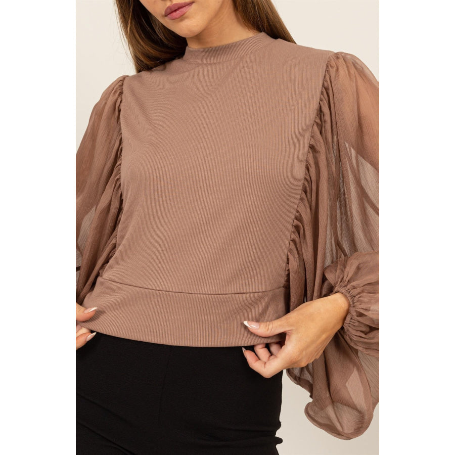 HYFVE Ruched Sheer Long Sleeve Mock Neck Blouse Apparel and Accessories