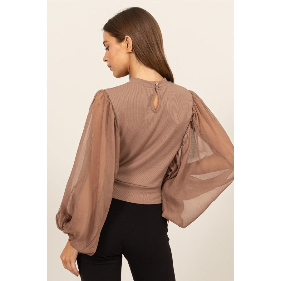 HYFVE Ruched Sheer Long Sleeve Mock Neck Blouse Apparel and Accessories