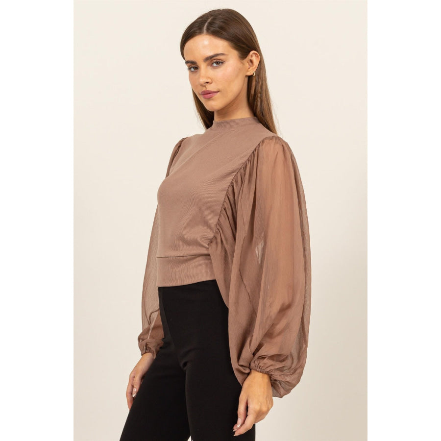 HYFVE Ruched Sheer Long Sleeve Mock Neck Blouse Apparel and Accessories