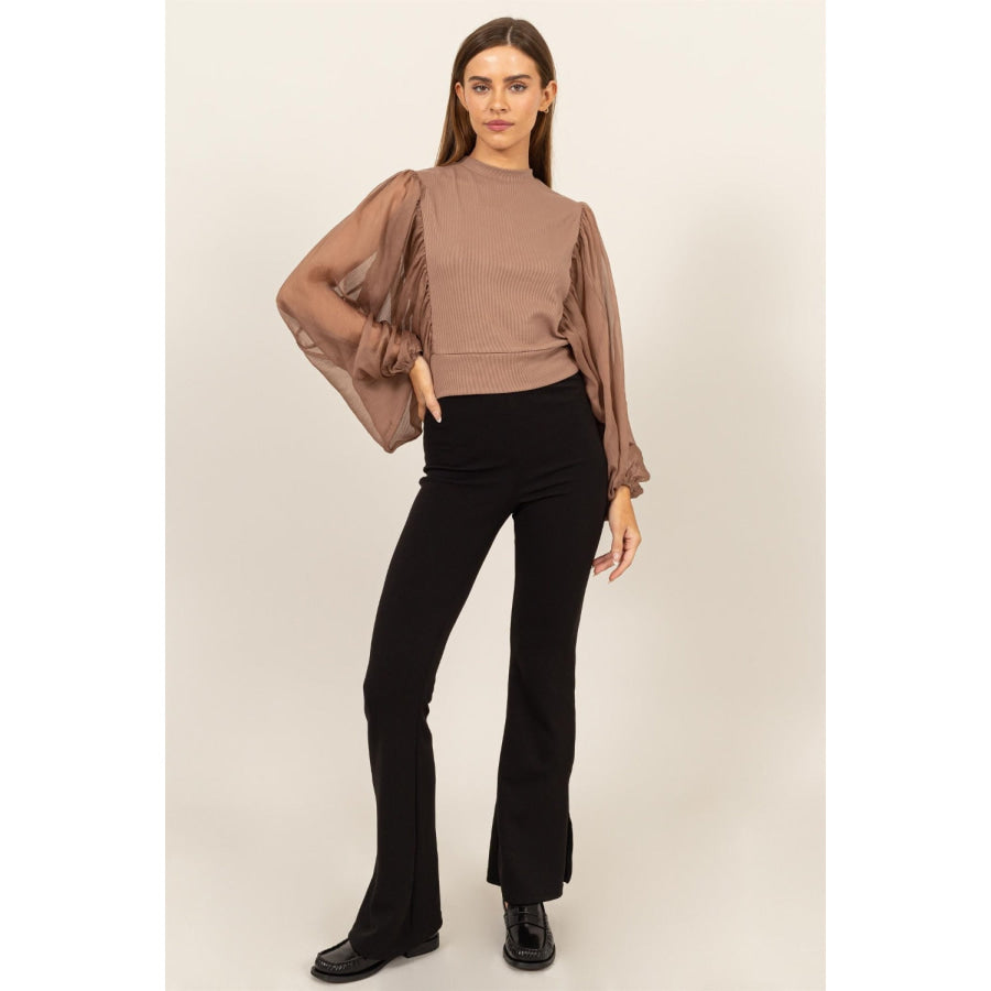 HYFVE Ruched Sheer Long Sleeve Mock Neck Blouse Apparel and Accessories