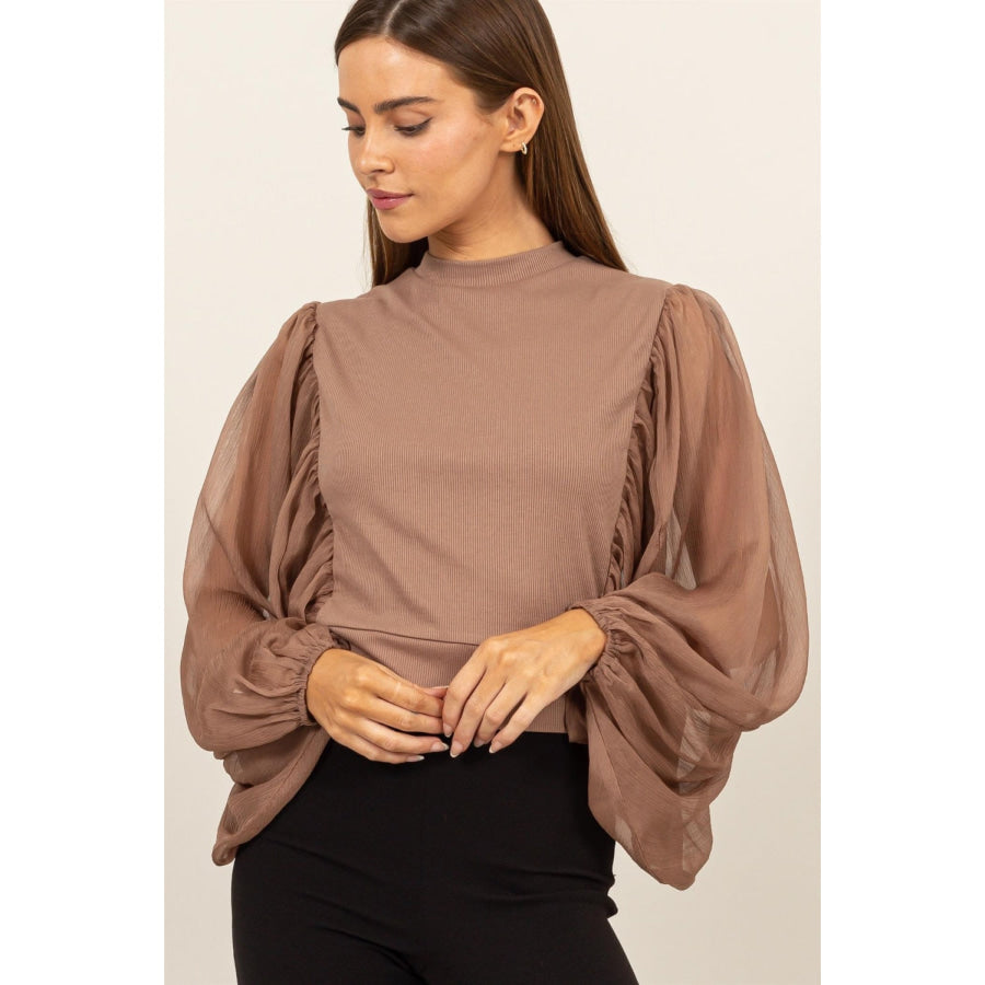 HYFVE Ruched Sheer Long Sleeve Mock Neck Blouse Mocha / S Apparel and Accessories