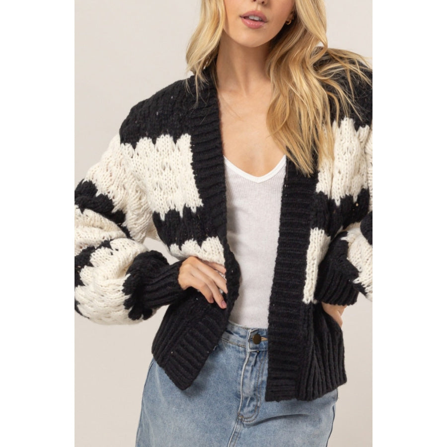 HYFVE Scallop Striped Open Front Long Sleeve Sweater Cardigan Apparel and Accessories