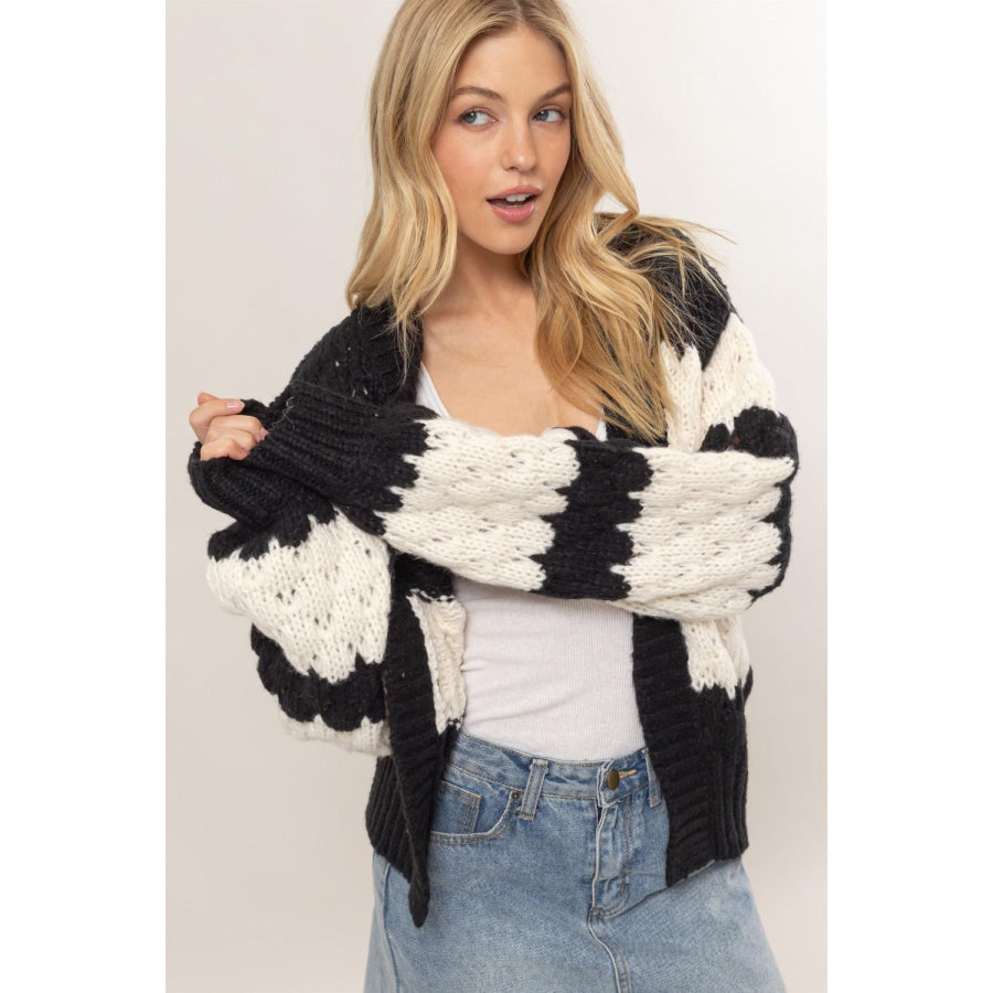 HYFVE Scallop Striped Open Front Long Sleeve Sweater Cardigan Black / S Apparel and Accessories