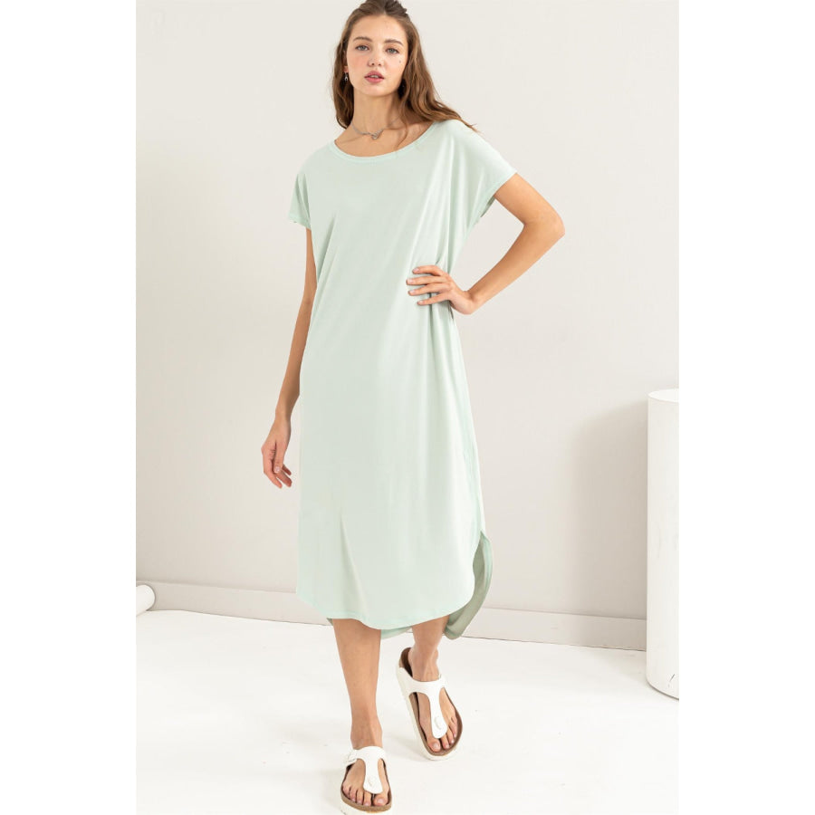 HYFVE Short Sleeve High-Low Slit Midi Dress Apparel and Accessories