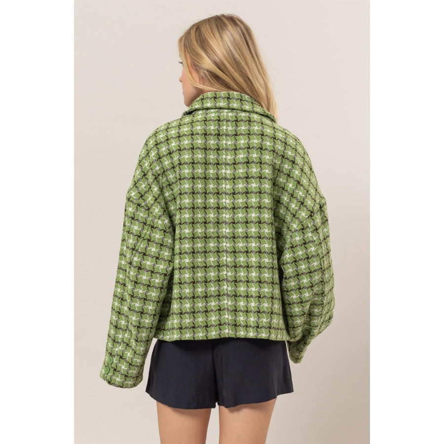 HYFVE Tweed Plaid Button Up Collared Neck Jacket Green / S Apparel and Accessories