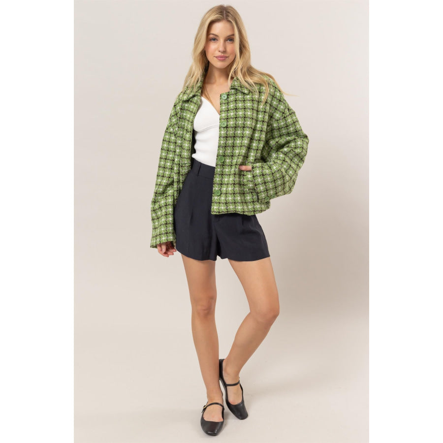 HYFVE Tweed Plaid Button Up Collared Neck Jacket Apparel and Accessories