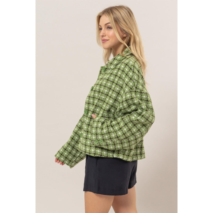 HYFVE Tweed Plaid Button Up Collared Neck Jacket Apparel and Accessories