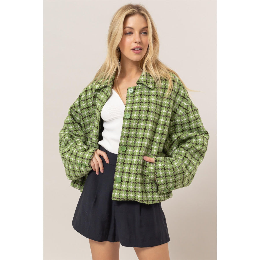 HYFVE Tweed Plaid Button Up Collared Neck Jacket Green / S Apparel and Accessories