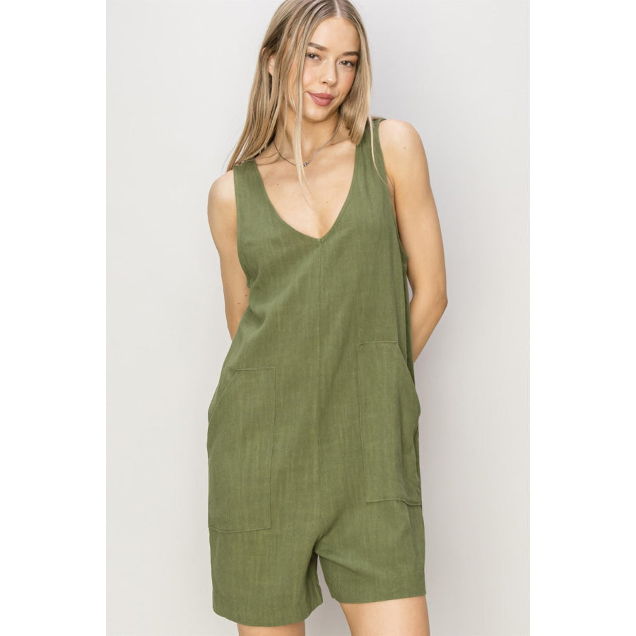 HYFVE V-Neck Sleeveless Romper with Pockets Moss / S Apparel and Accessories