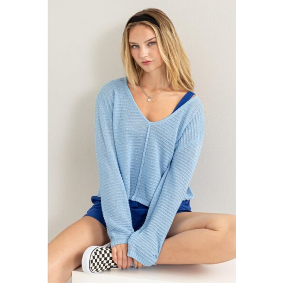 HYFVE V-Neck Stripe Texture Long Sleeve Top BABY BLUE / S Apparel and Accessories