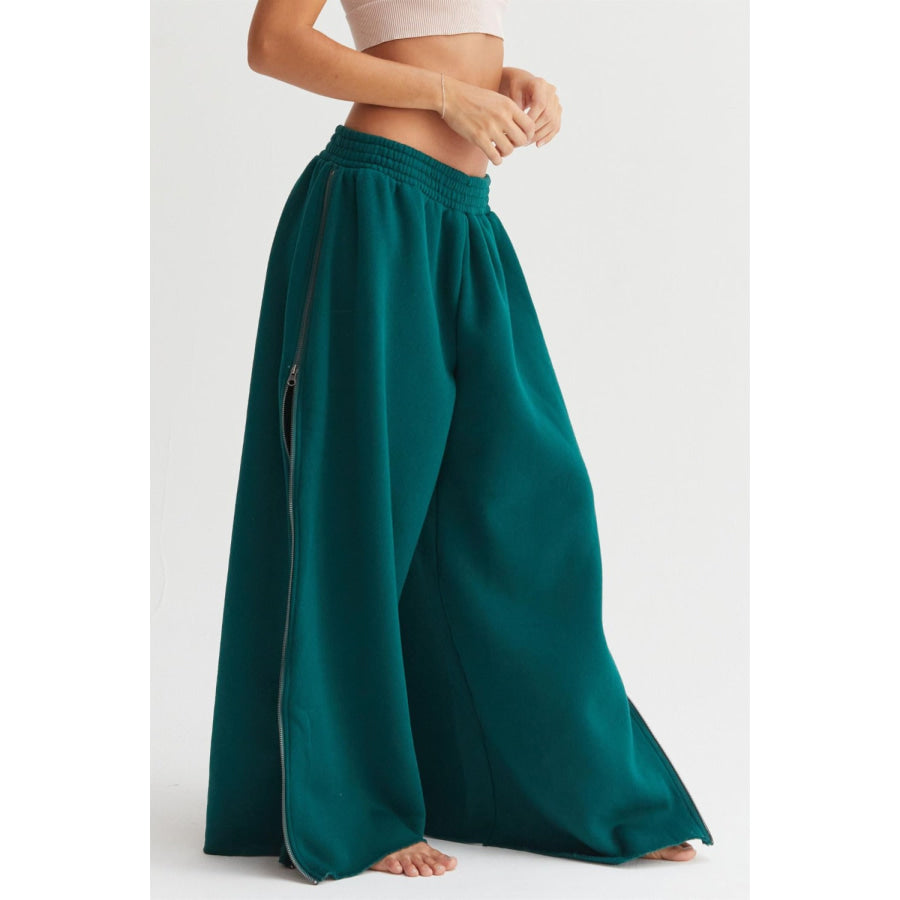 HYFVE Wide-Leg Side Zipper Sweatpants Dark Green / S Apparel and Accessories