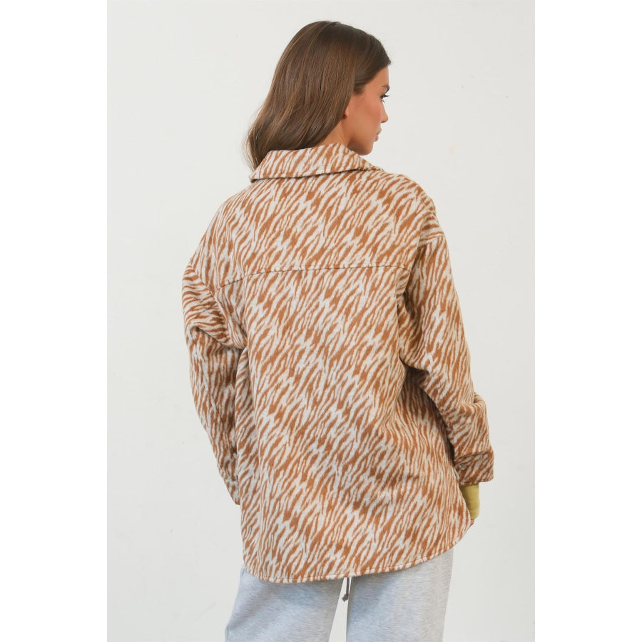 HYFVE Zebra Print Snap Down Long Sleeve Shacket Camel / S Apparel and Accessories