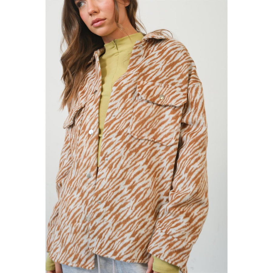 HYFVE Zebra Print Snap Down Long Sleeve Shacket Camel / S Apparel and Accessories