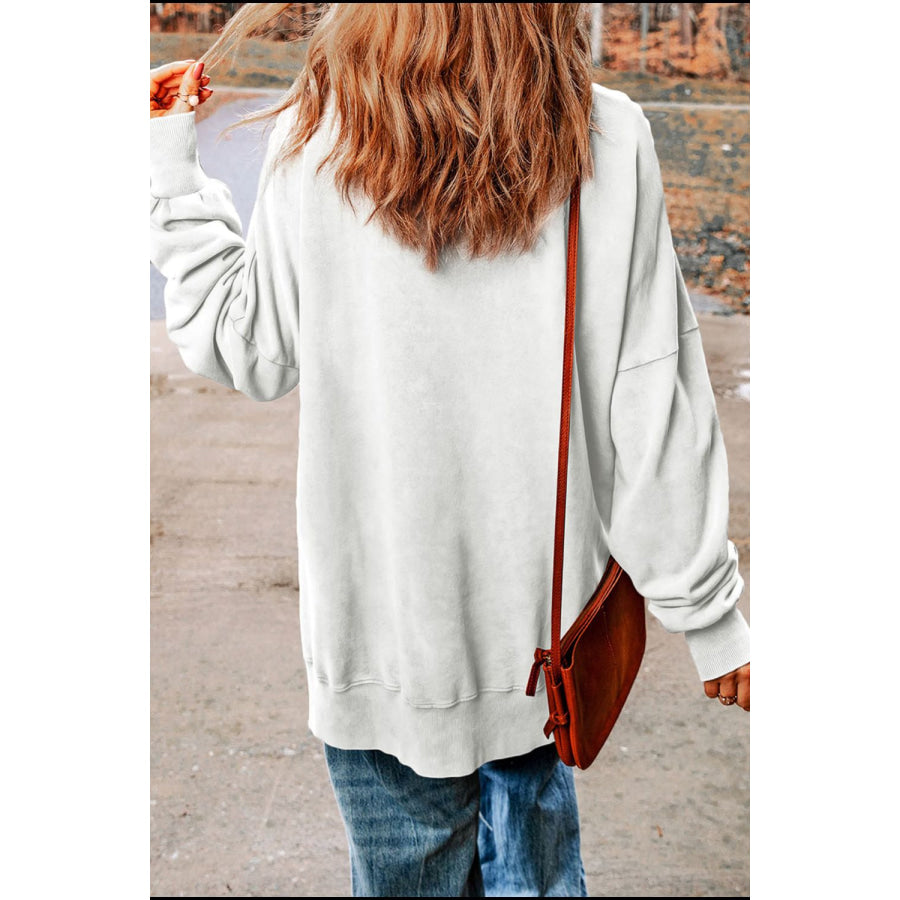 I’M BACK Slit Round Neck Long Sleeve Sweatshirt Apparel and Accessories