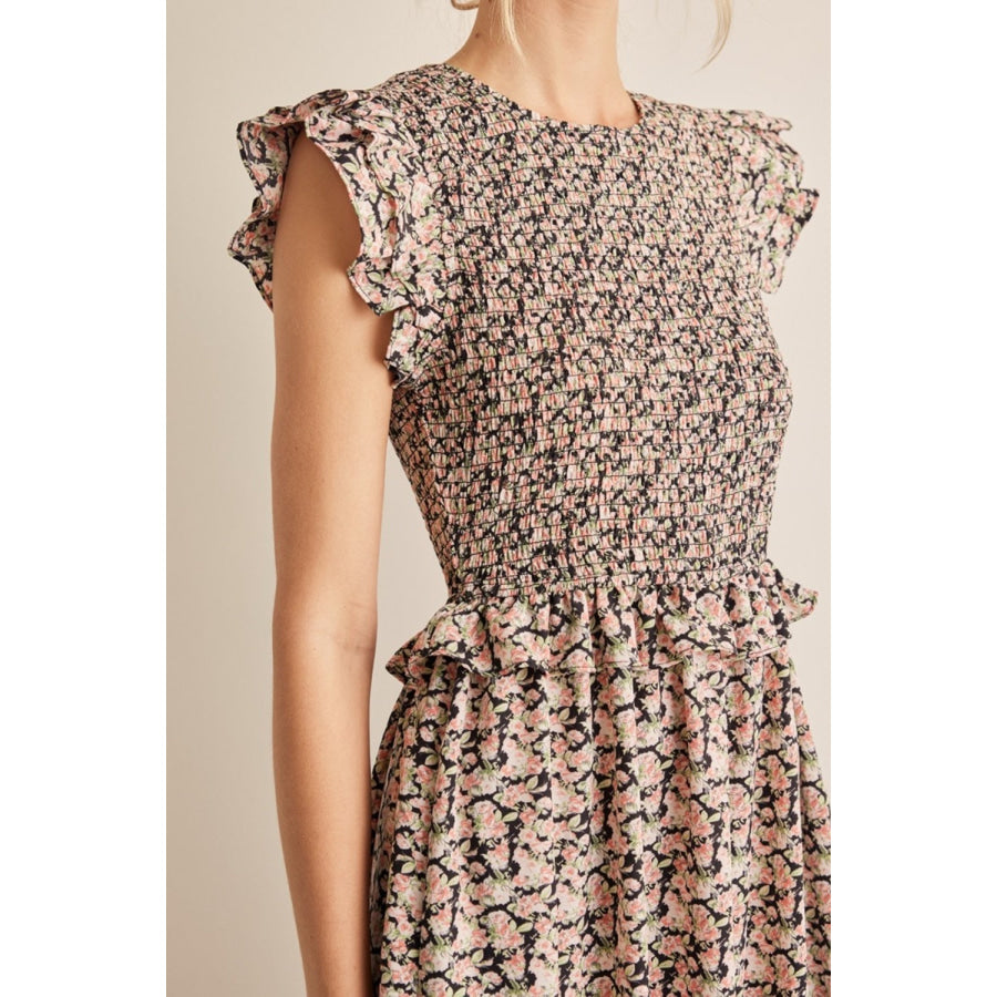 In February Floral Smocked Ruffled Midi Dress Dress