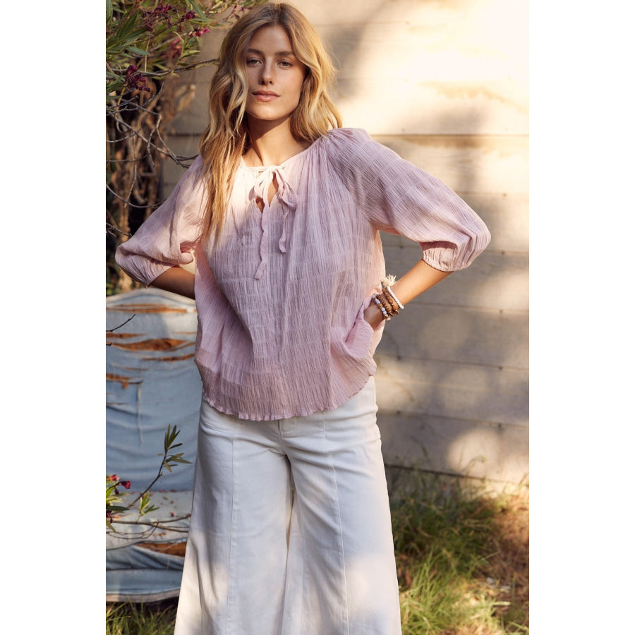 In February Textured Tie Neck Blouse Dusty Pink / S Shirts &amp; Tops