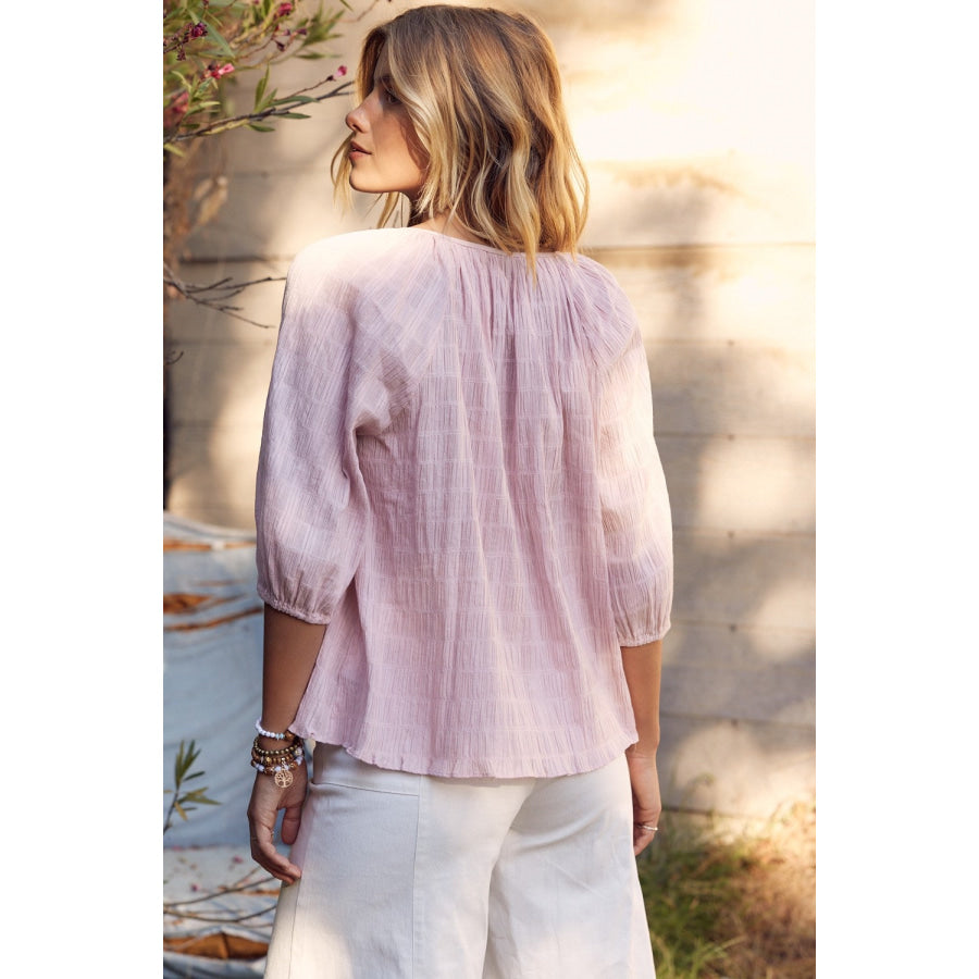 In February Textured Tie Neck Blouse Dusty Pink / S Shirts & Tops