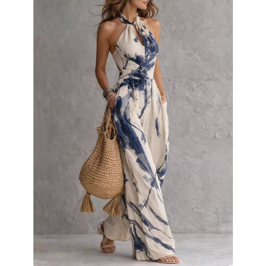 Ink Wash Print Halter Neck Wide-Leg Jumpsuit Apparel and Accessories