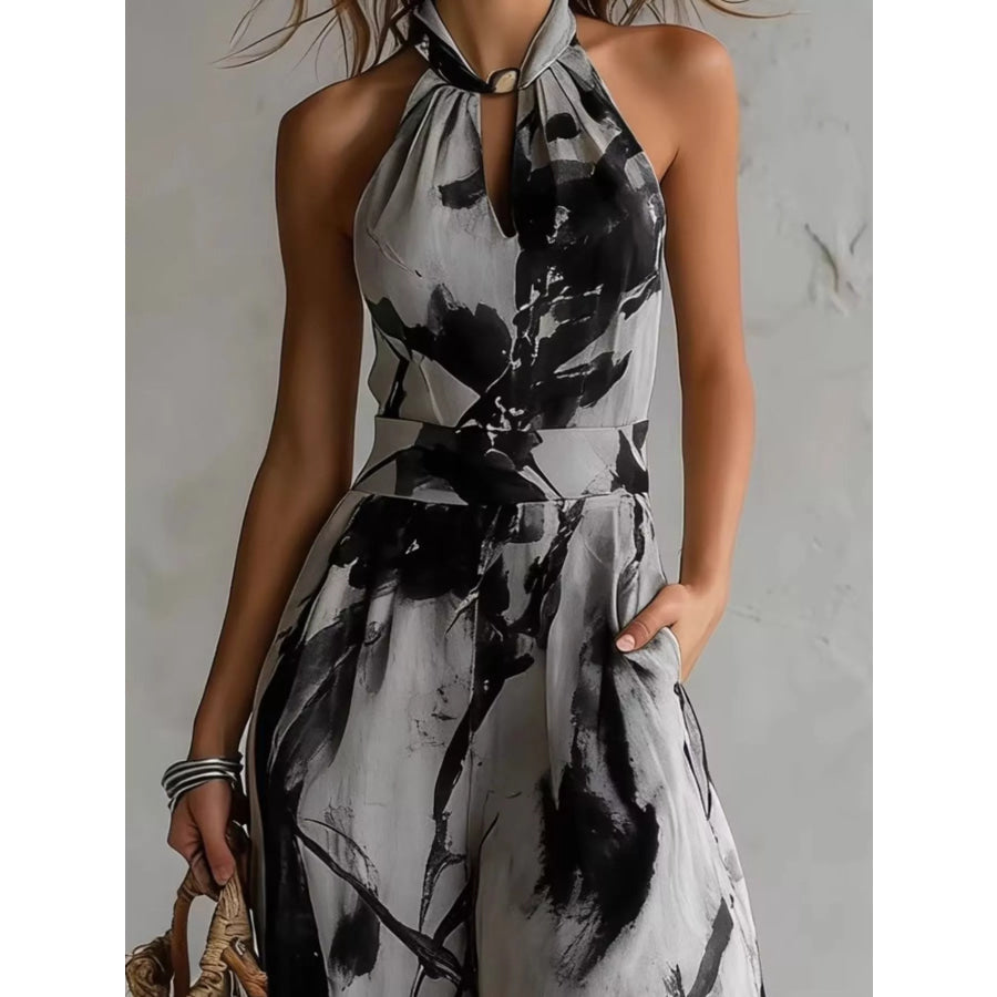 Ink Wash Print Halter Neck Wide-Leg Jumpsuit Apparel and Accessories